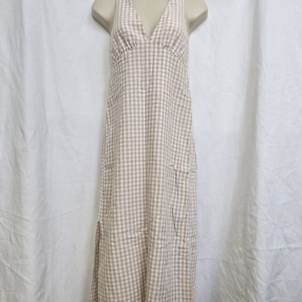 Beige Gingham V-Neck Maxi Dress